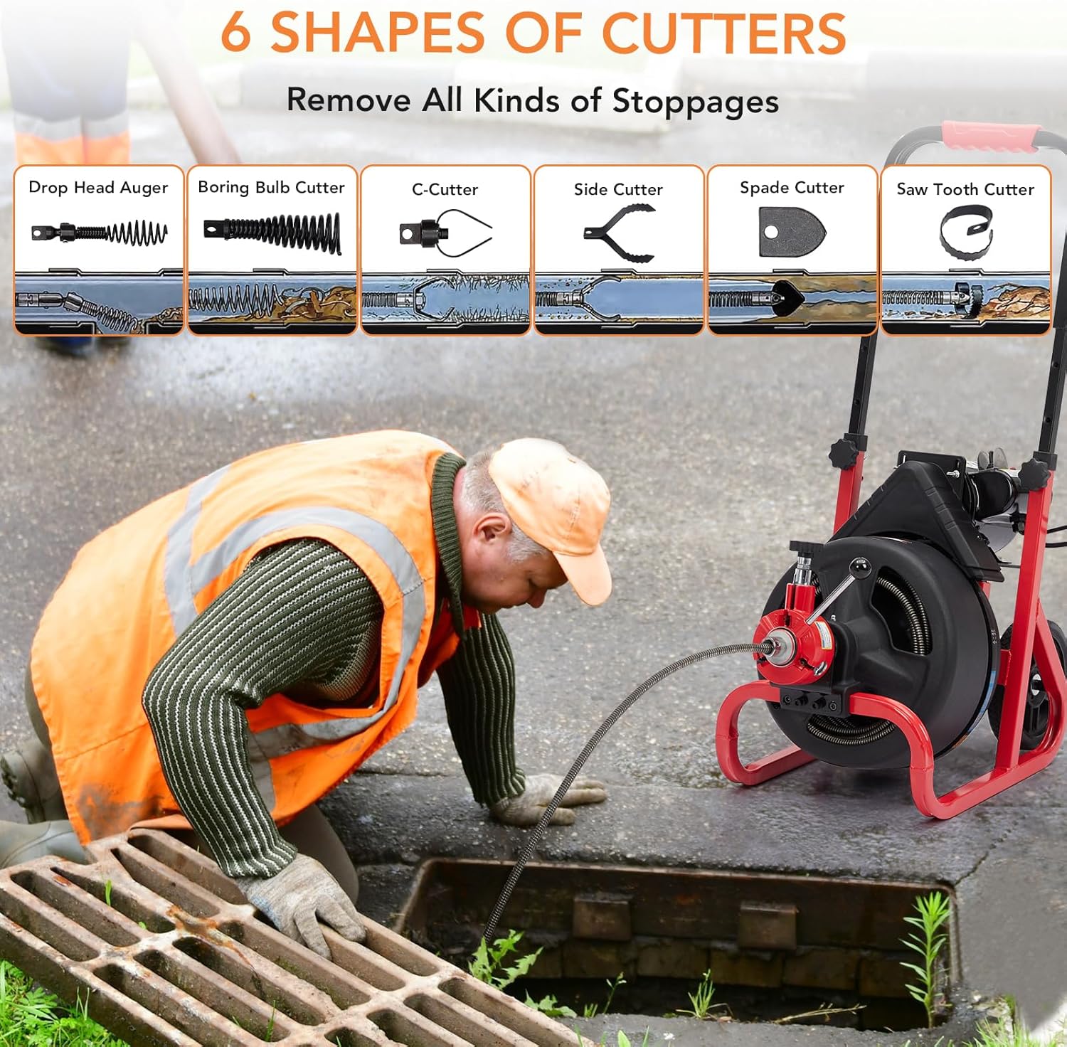 Drain Cleaner Machine, 75 ft X 1/2 in Electric Drain Snake with 6 Cutters Gloves, Electric Drain Clog Remover Plumbing Tool for 2 to 4 in Pipes