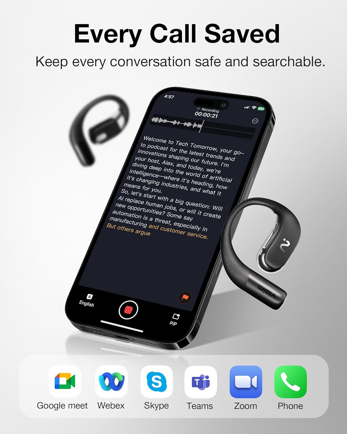 OpenNote AI Voice Recorder – Open Ear Headphones with FlashRecord, Call Recording, Real-Time Transcription, Translation, AI Assistant, for Students, Professionals & Interview Recording, Black