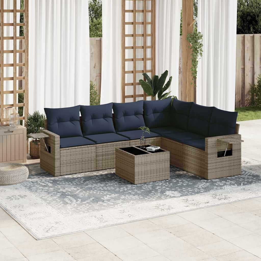 7 Piece Garden Sofa Set, Grey Poly Rattan Outdoor Furniture with Cushions, Tempered Glass Tabletop, Modular Design for Patio, Backyard, Deck