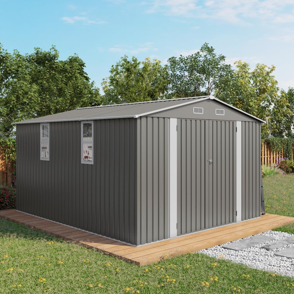 6X3.6FT Metal Storage Shed - Peaked Roof Tool Shed Clear Window Lockable Door for Garden Backyard Patio (10x12FT+Gray)