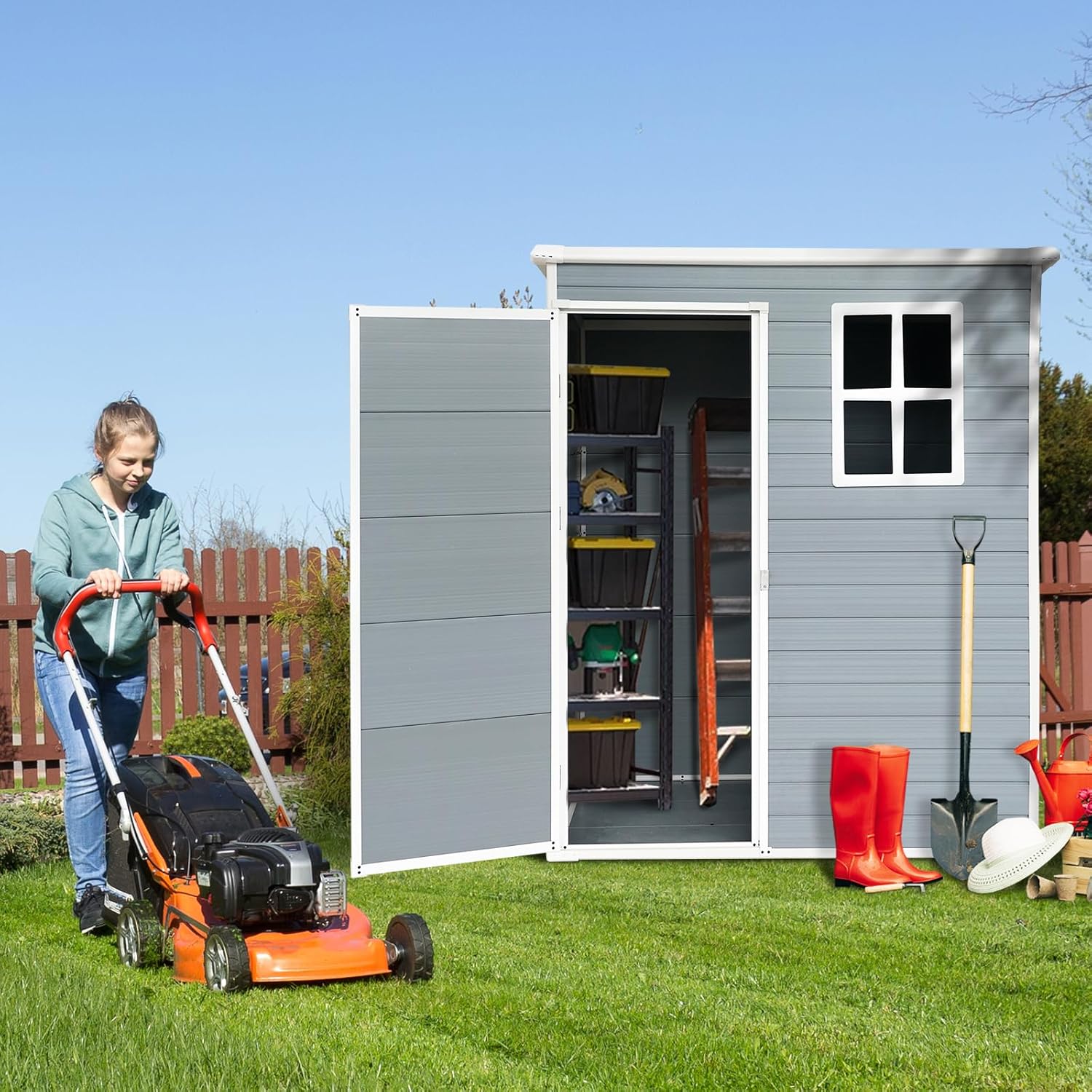 【LuckyNote】 5ft x 3ft Resin Outdoor Storage Shed Plastic Garden Sheds with Floor and Lockable Door for Backyard, Lawn, Grey,The Package Will be Shipped in Two Separate parcels