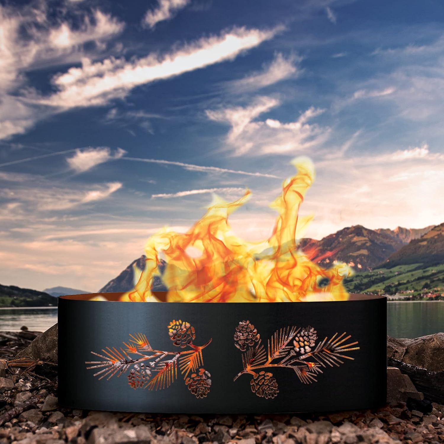 PD Metals PB0930-FP Pine Bough Unpainted 12 in. Tall 30 in. Diameter Outdoor Fire Ring with Fire Poker - 30 x 30 x 12 in. - Rustic Black Color