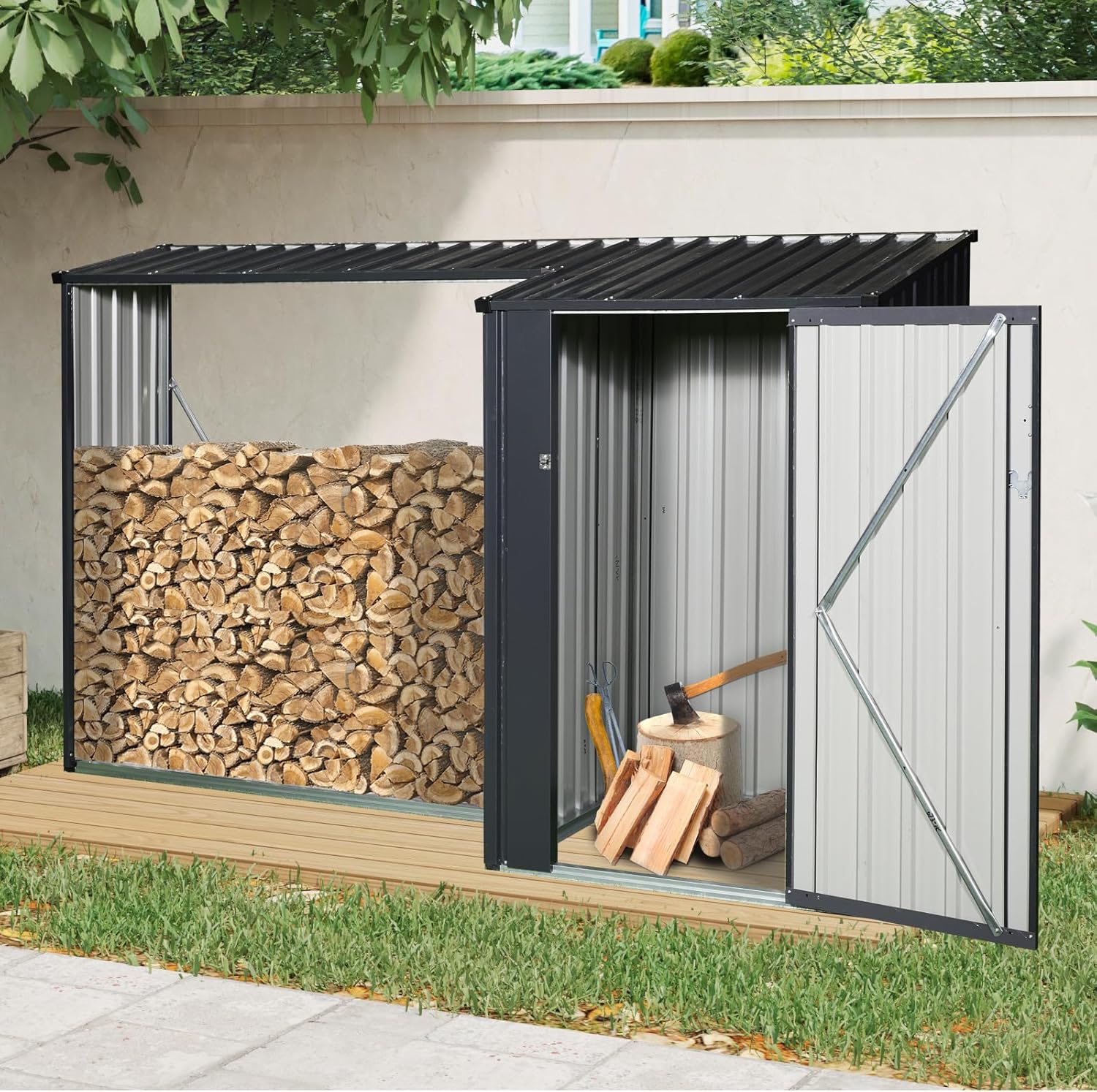 3x8.5ft Outdoor Storage Shed with Firewood Rack, 2-in-1 Metal Tool Shed Garden Steel Shed, Heavy Duty Waterproof Metal Wood Holder with Lockable Door for Backyard Patio, Lawn (Gray) (3FT X 8.5FT)