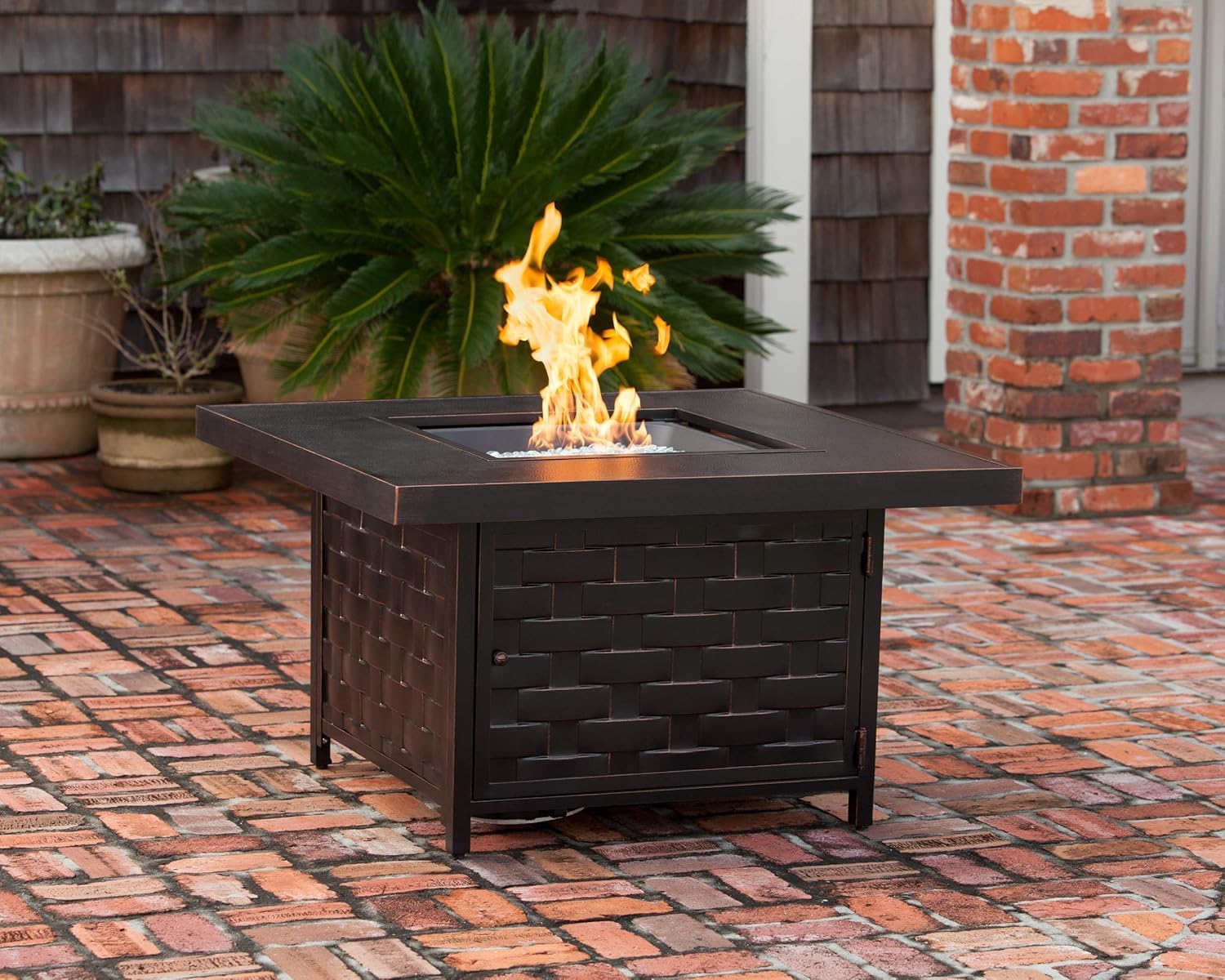 Square LPG/NG Gas Fire Pit Table 55K BTU w/Burner Lid, Cover, Fire Glass #65125