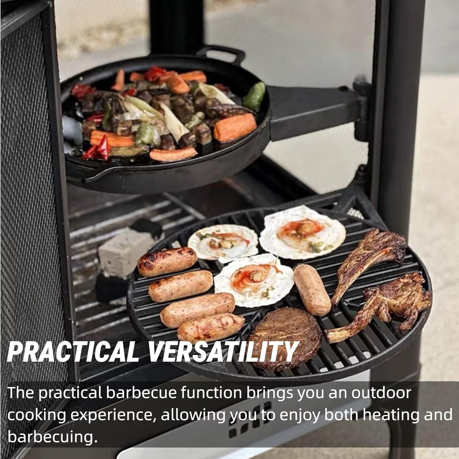 Outdoor Fire Pits 68.90IN (Dual-Purpose Grill & Heater) (Double-Layer Ash Tray) Extended Chimney, Exquisite Protective Net, Black Modern Simple Design