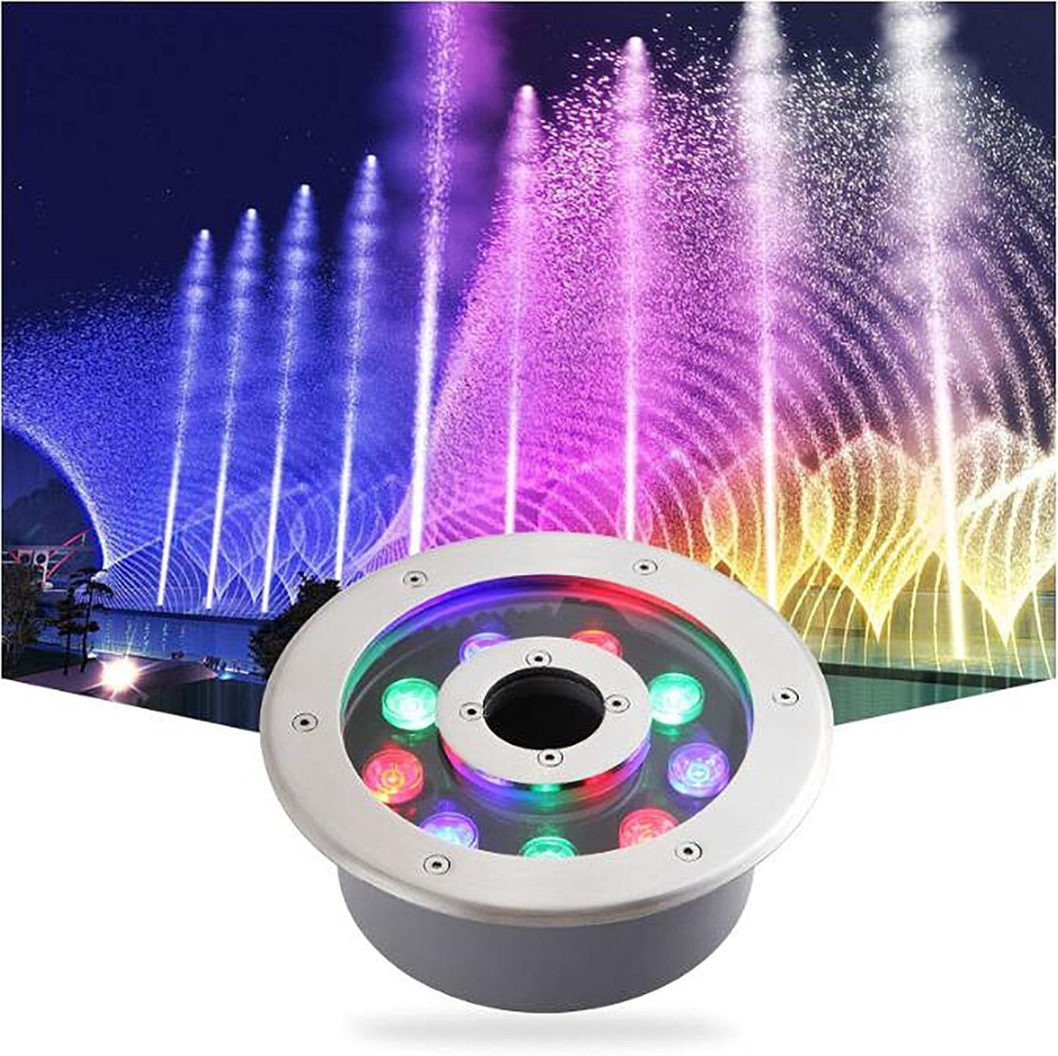 LED Ring Submersible Fountain Light - IP68 Waterproof Recessed Underwater Spotlight, 12V Middle Hole Pond Landscape Light, for Underwater Fountain Pool(RGB,24W(12V))