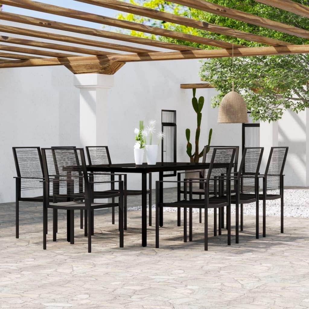 9 Piece Patio Dining Set Black, Patio Dining Set: Durable Steel Frame, Glass Tabletop, and Comfortable PVC Hollow Rattan Chairs Furniture Sets for Patio, Lawn & Garden