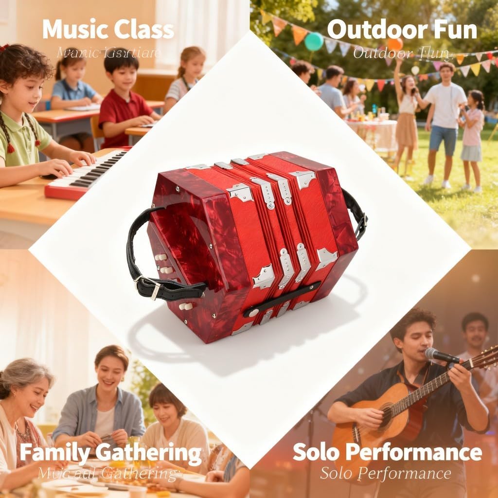 Concertina Accordion, Portable 17 Key Wooden Instrument, Adjustable Strap for Adults and Beginners - Elegant Design, Lightweight with Carry Bag, for Music (Red)