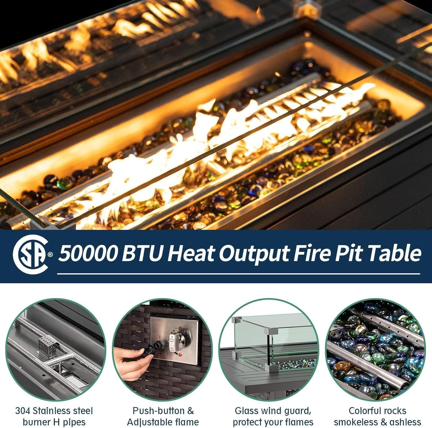 Amopatio Outdoor Sectional Furniture Set with Fire Pit Table, 7-Piece Grey Rattan Wicker Conversation Couch Set for Porch Garden Backyard Balcony Poolside, Black