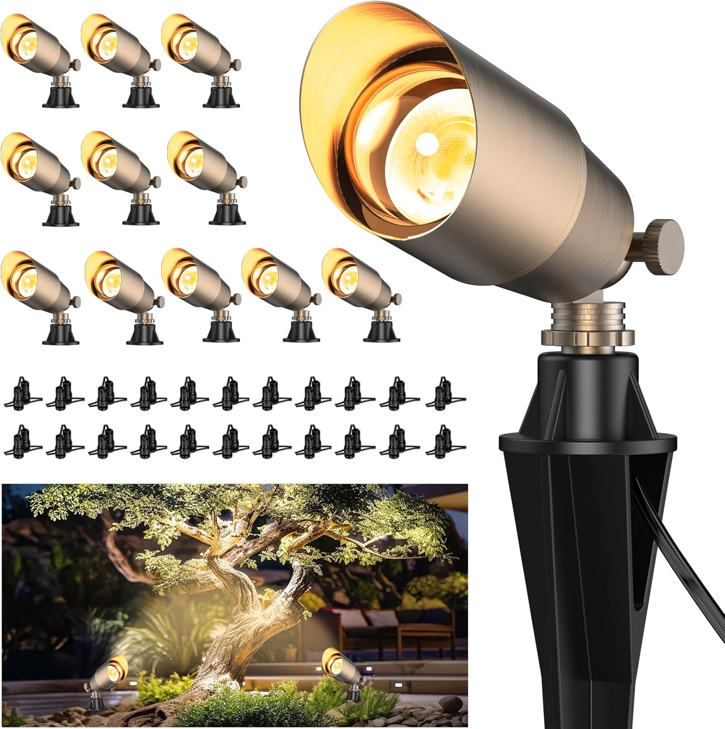 ZONEGRACE Solid Brass Outdoor Uplights & Accent Light Fixtures, Heavy Duty 12V Low Voltage LED Landscape Lighting Bronze, Wired Spotlights for Garden,Lawn,Patio and Yard Without LED Bulb (12 Pack)
