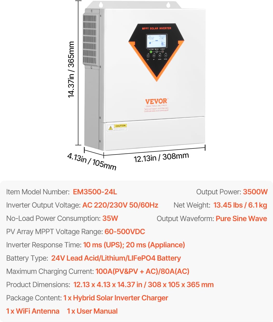VEVOR Hybrid Solar Inverter, 3500W, All in One Pure Sine Wave Power Inverter Charger, 24V DC to 220/230V AC, with Built-in 100A MPPT Solar Controller, for Off-Grid System Lead Acid Lithium Battery