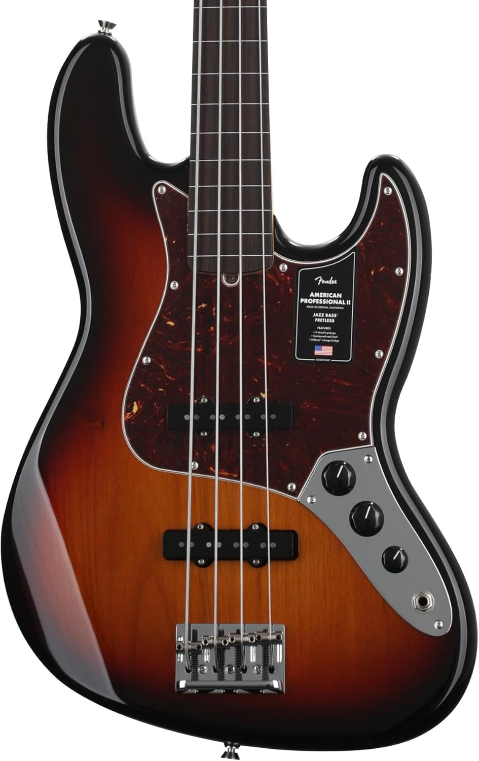Fender American Professional II Jazz Bass, 3-Color Sunburst, Fretless, Rosewood Fingerboard