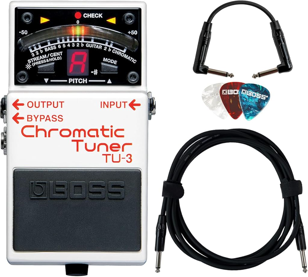 Boss TU-3 Chromatic Tuner Pedal - Bundle with Gearlux Instrument Cable, Patch Cable, and Picks