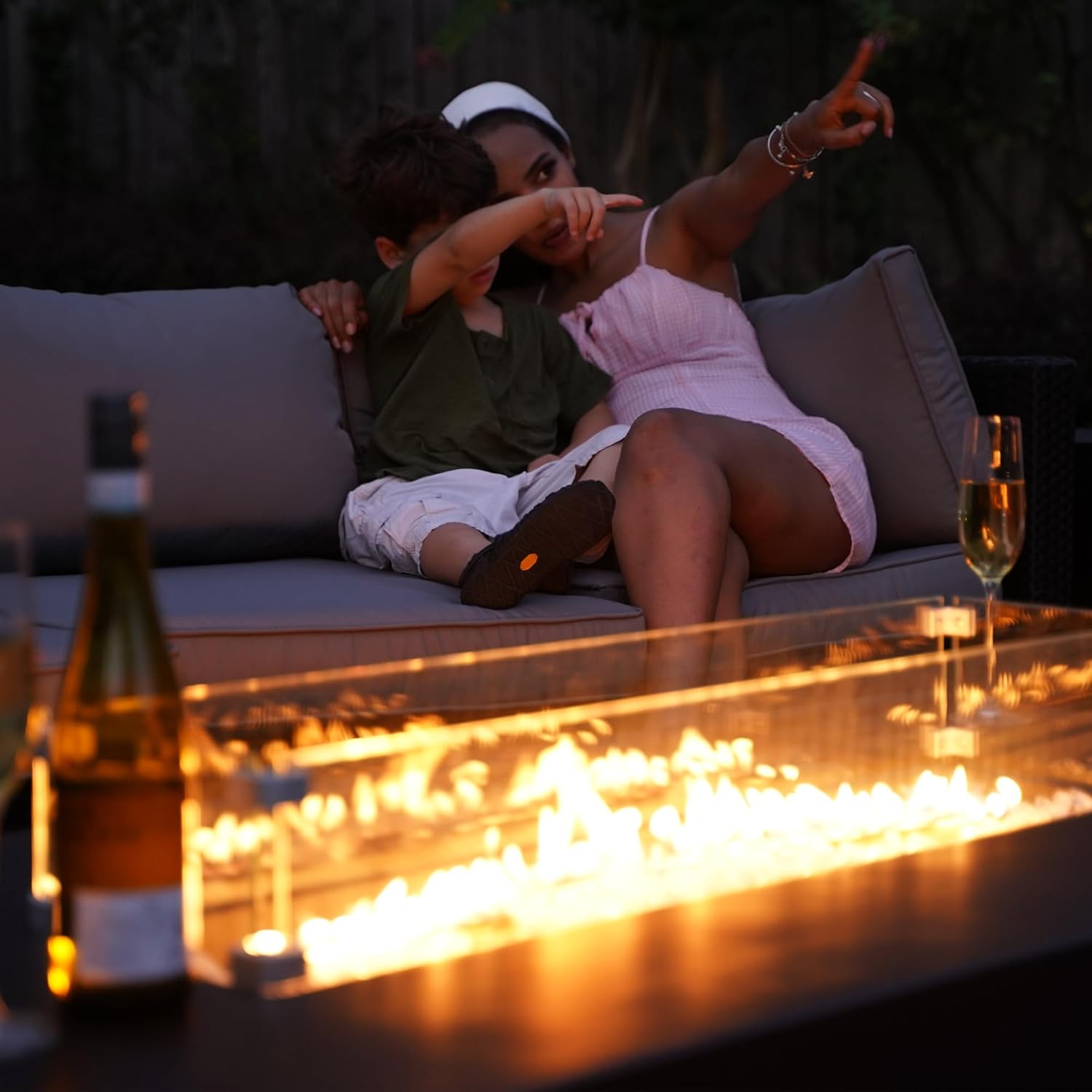 56 Inch Propane Fire Pit Table, Outdoor Rectangle Fire Table w Tank Table (50,000 BTU), 3 Piece Gas Fire Pit in Black w Glass Wind Guard and White Fire Glass for Deck, Garden, Backyard