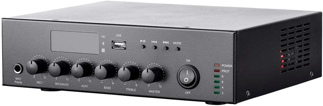 Monoprice Commercial Audio 60W 3CH 100/70V Mixer Amp - with Built-in Bluetooth Connection, Black