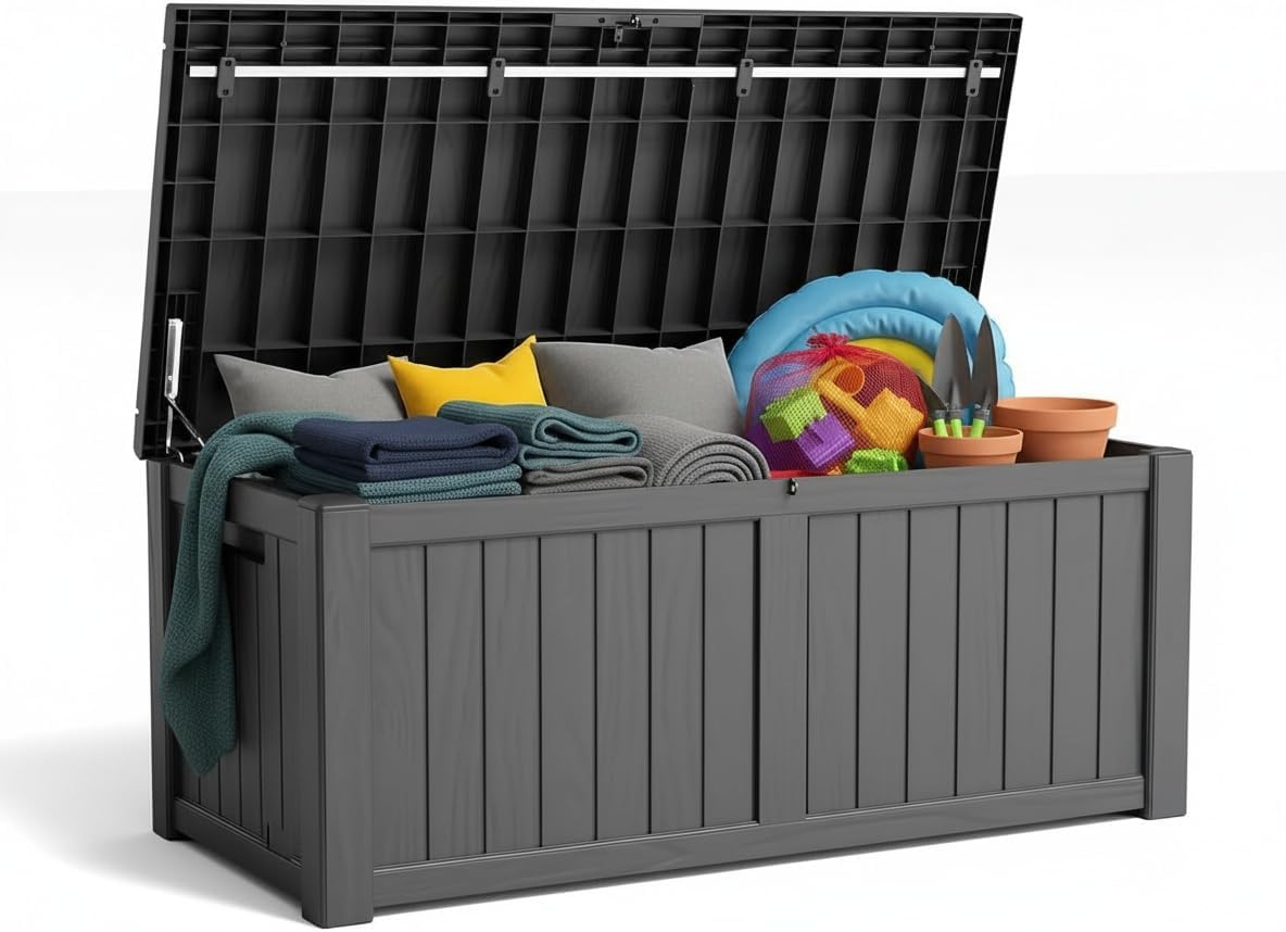 120 Gallon Resin Deck Box, Outdoor Storage Chest for Patio Furniture Cushions, Garden Tools, Pool Accessories | Lockable, Waterproof, All-Weather, Easy Assembly, Wood Grain Design