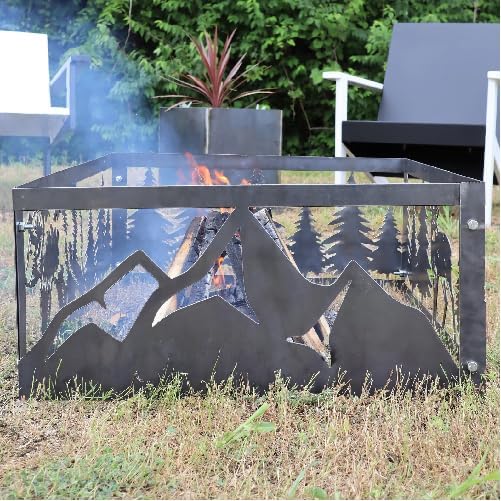 Majestic Mountains Steel Fire Pit - Metal Outdoor Backyard Fire Ring - Wilderness Patio Decor - Rocky Mountain Fire Pit (Raw Steel -Dark, 35