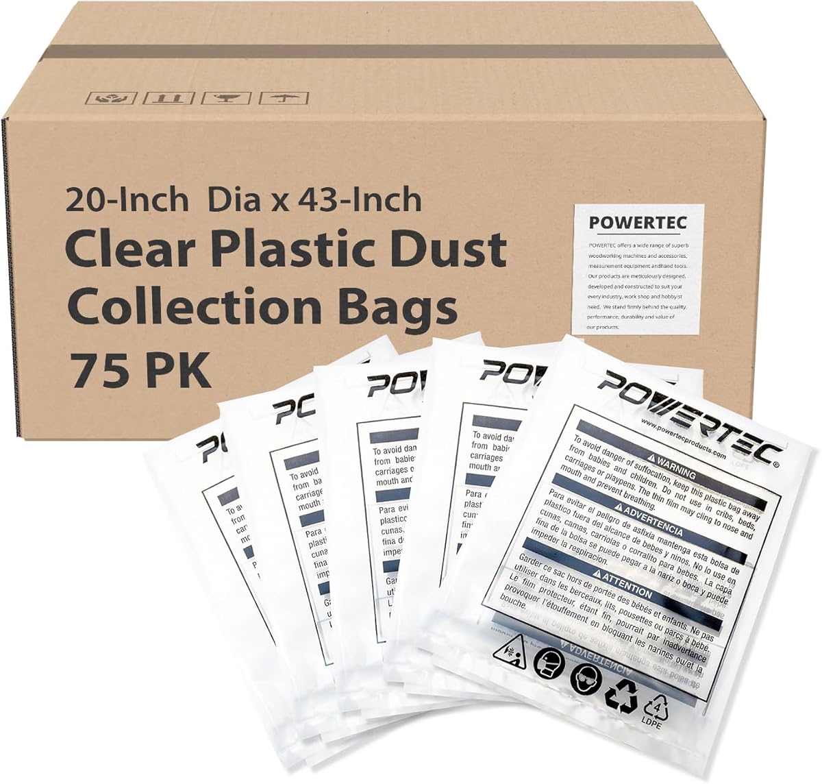 POWERTEC 70002-Case15 Clear Plastic Dust Collection Bags, 20