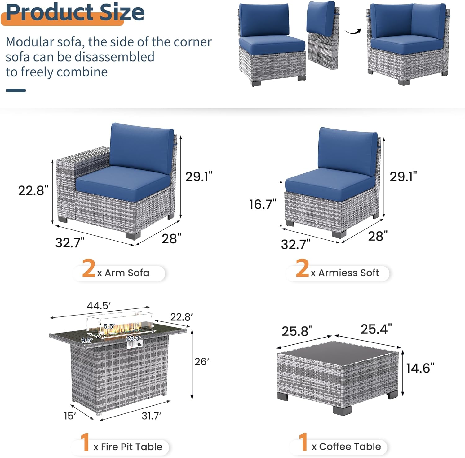 UDPATIO 13 Piece Patio Furniture Set with Fire Pit Table, 8''Wide Armrest Modular Rattan Outdoor Sectional Sofa Set,Wicker Patio Conversation Sets for Backyard,Deck w/ 4'' Cushions,Cover(Grey/Blue)