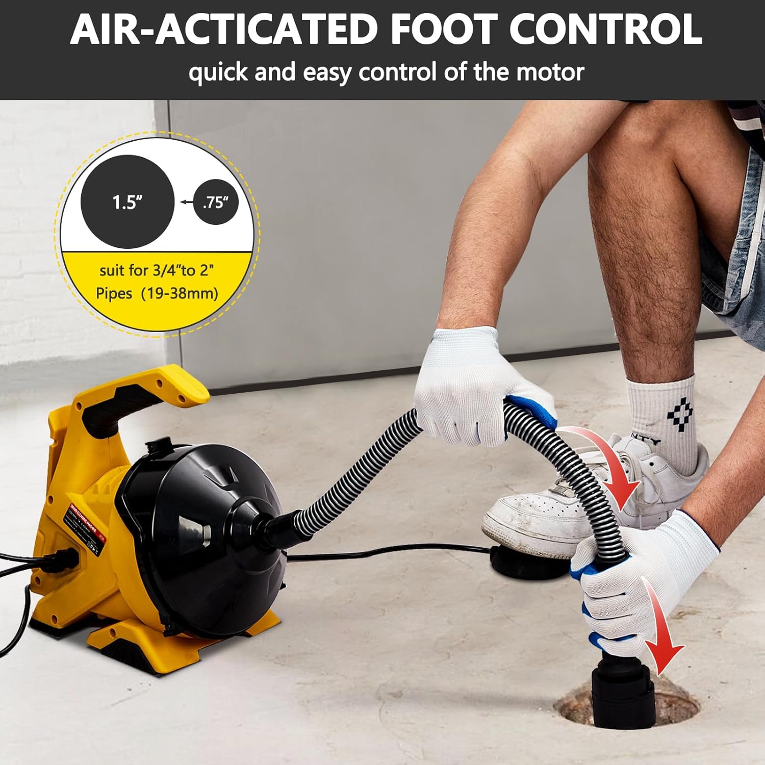 Drain Cleaner Machine 30Ft x 3/10In, Auto-Feed Electric Drain Snake with Foot Switch, Piano Wire Cable for 3/4