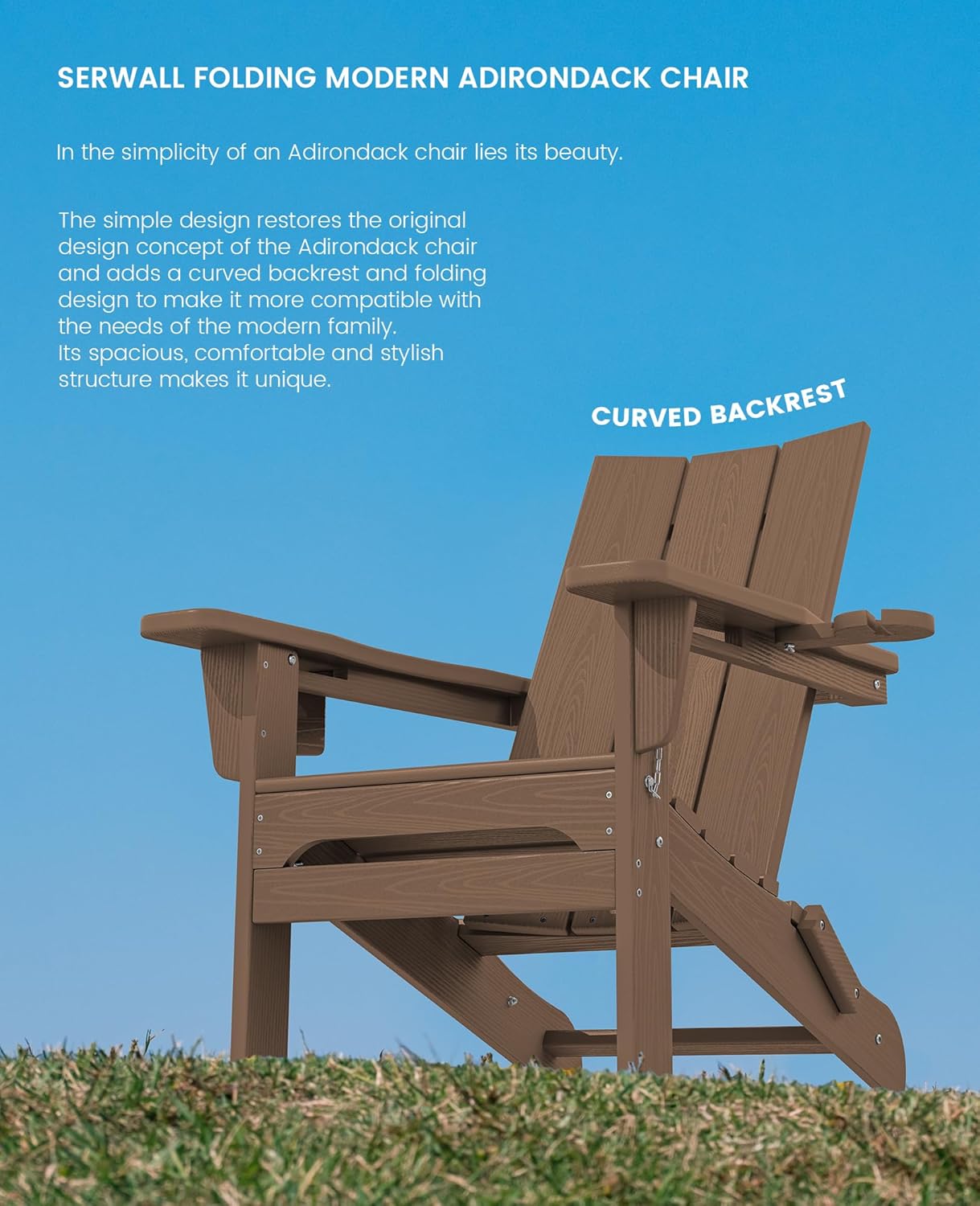 SERWALL Modern Adirondack Chair, Folding Adirondack Chair with Cup Holders, Outdoor HDPE Fire Pit Chair for All Weather Use, Brown