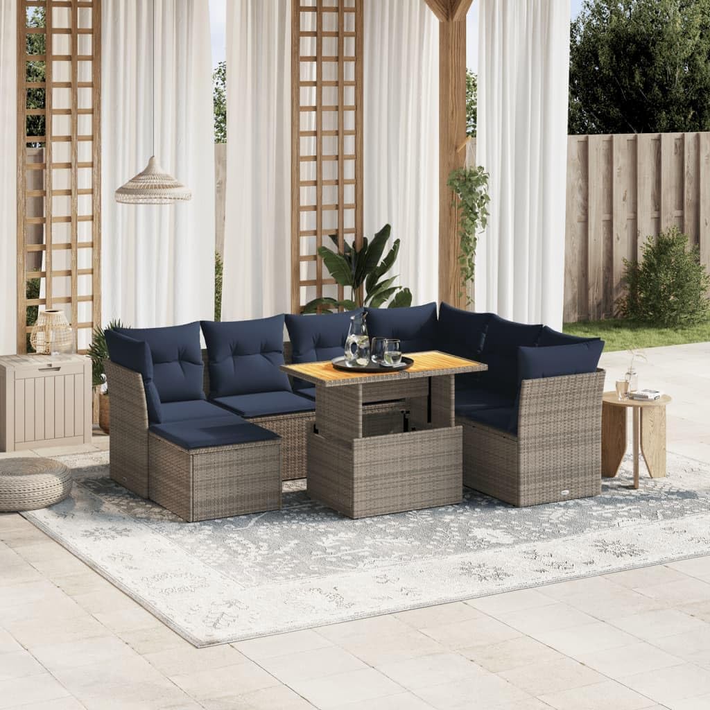 8 Piece Patio Sofa Set with Cushions, Gray Poly Rattan Outdoor Furniture, Adjustable Dining Table, Modular Design for Garden, Balcony, Terrace
