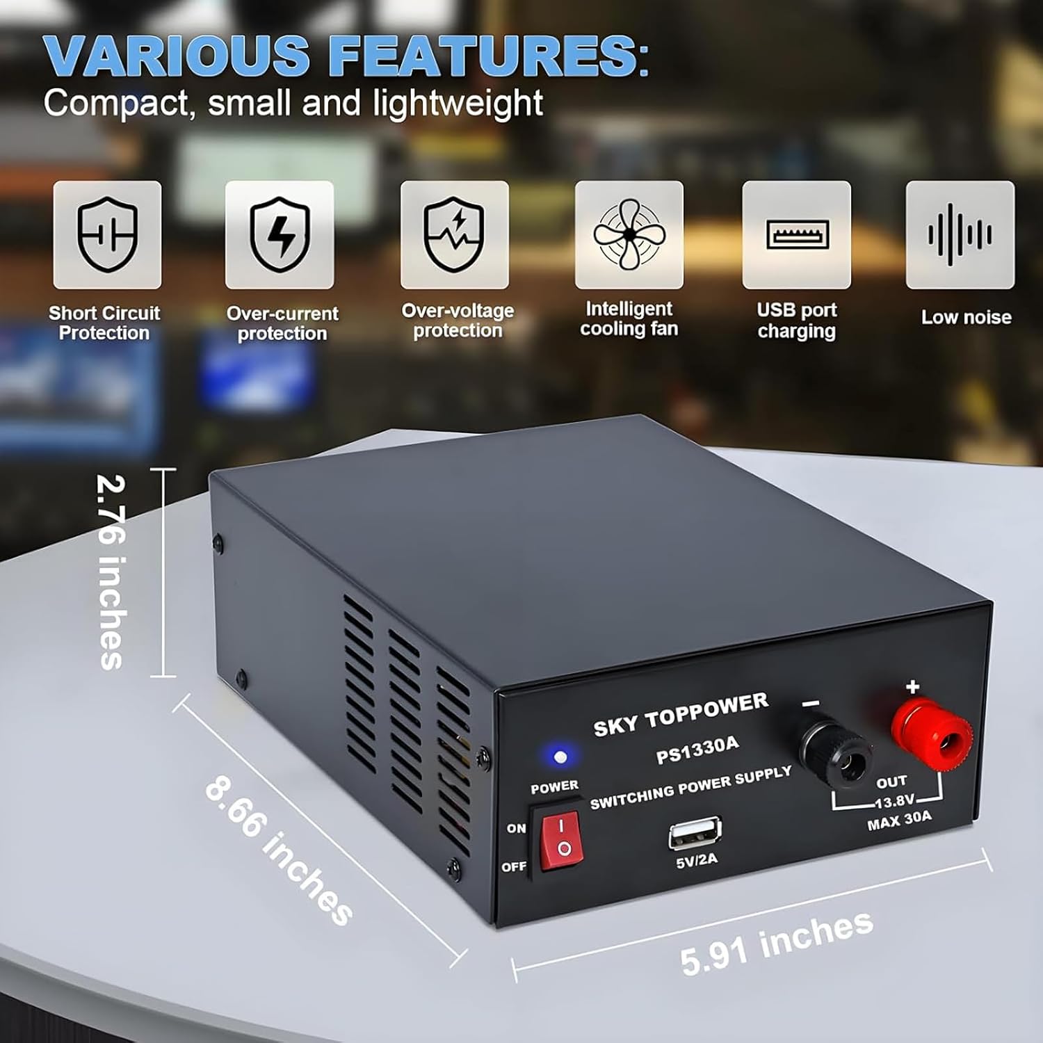 13.8V 30A DC Power Supply for Ham Radio,30 Amp Compact Regulated Bench Power Supply Lab Benchtop AC to DC Converter,Cooling Fan,5V 2A USB Interface,Powering Ham Radio, Amplifiers,SKY TOPPOWER PS1330A