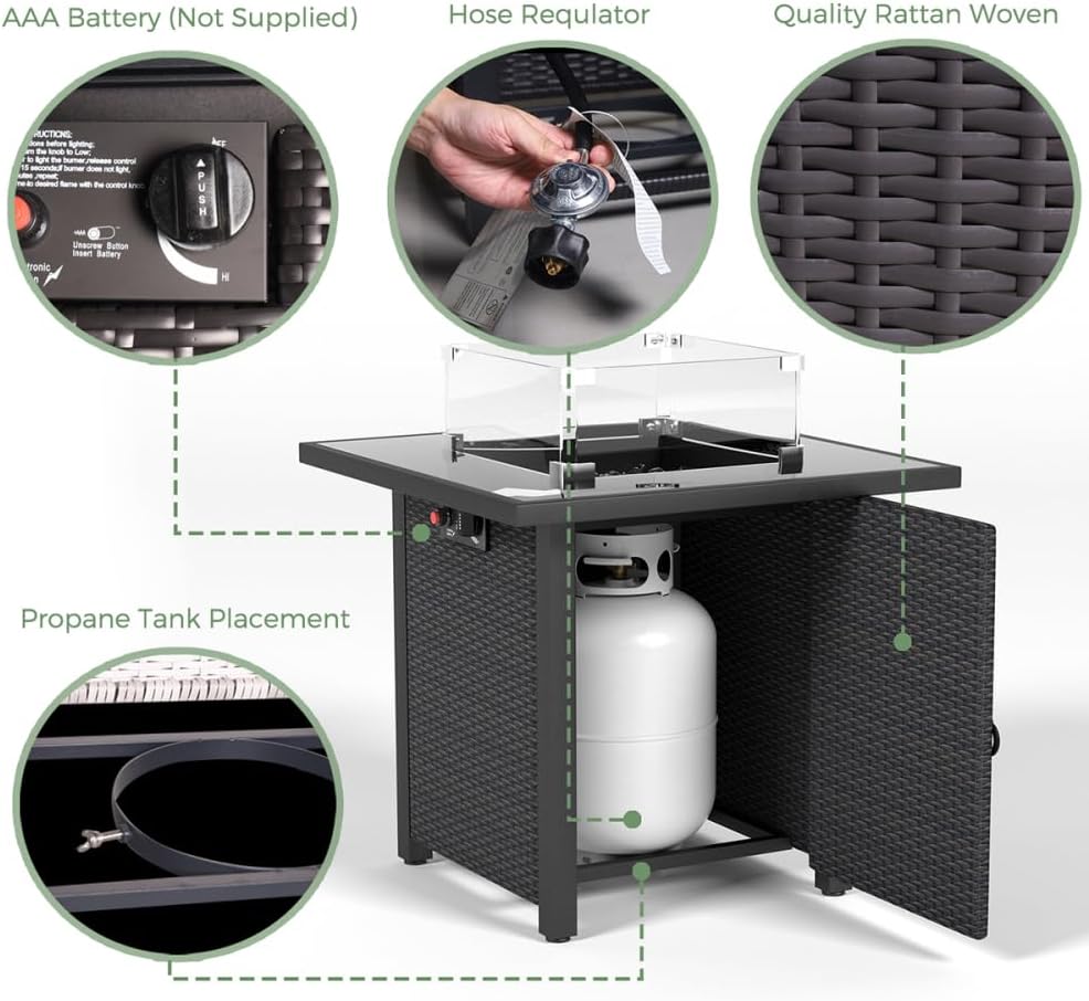 28 Inch Propane Fire Pit Table, Rattan & Wicker-Look, 50000 BTU Gas Firepits Tempered Glass Tabletop with Glass Windscreen Protector for Outside Patio and Garden(Coffee)