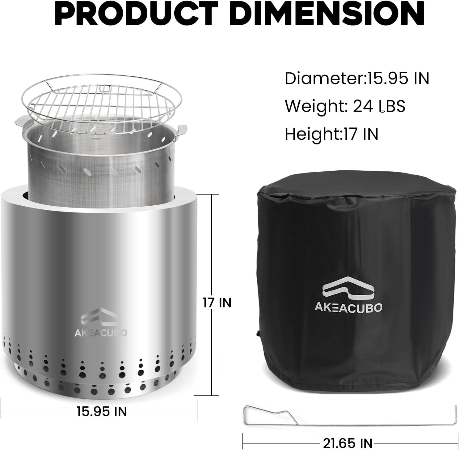 Akeacubo Large Smokeless Fire Pit with Removable Ash Pan, Portable Stainless Steel Bonfire Pit Outdoor Wood Burning Firepit for Outside Patio Picnics Camping with Carry Bag(17 Inch)