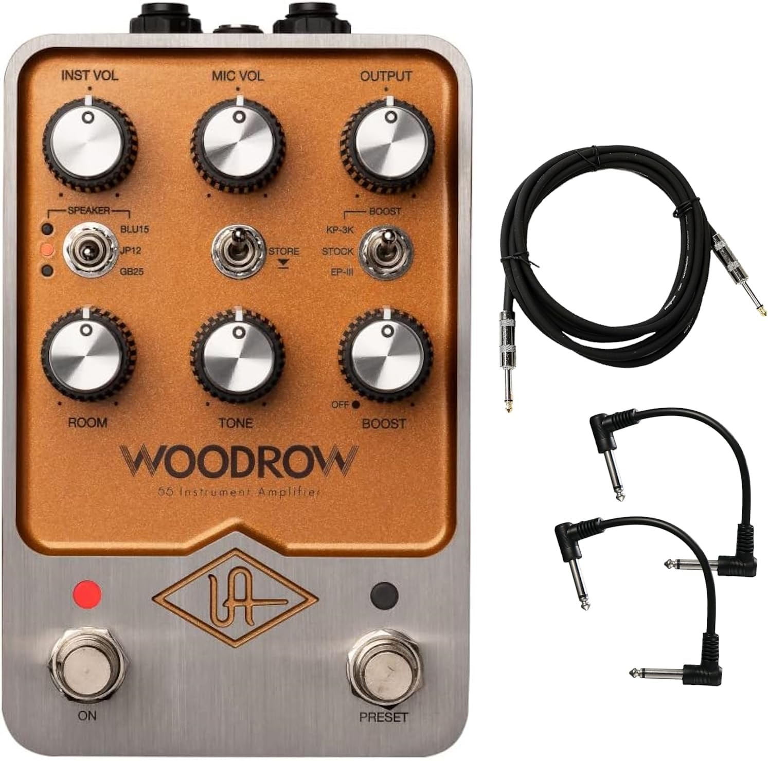 Universal Audio UAFX Woodrow '55 Instrument Amplifier Pedal - Bundle with Instrument Cable and 2 Patch Cables