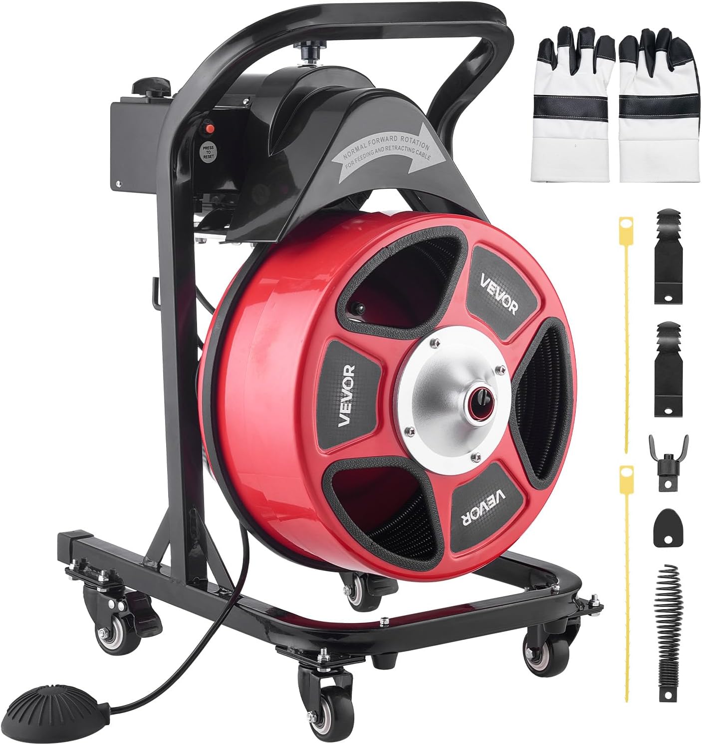 VEVOR Drain Cleaner Machine 50 FT x 1/2 Inch, Manual Feed Sewer Snake Auger on Wheels - with 4 Cutters & Air-activated Foot Switch for 2