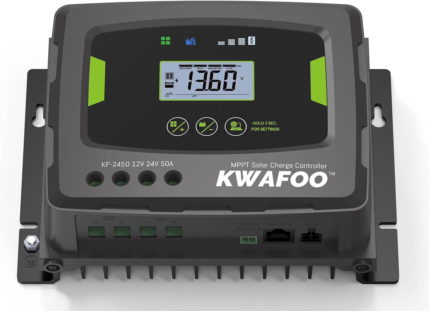 50A MPPT Solar Charge Controller, 12V/24V Auto DC Input, IP43 Waterproof, Backlit LCD, 50 amp Solar Panel Regulator Charger for LiFePO4 Gel Wet AGM Battery Charging