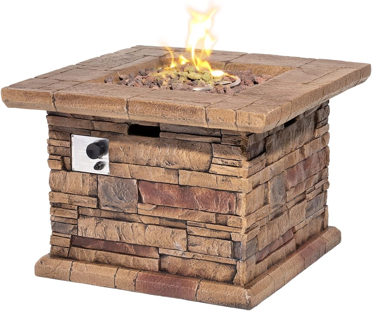Outdoor Propane Fire Pit Table, 32 Inch 40,000 BTU Brown Square Concrete Gas Fire Table w Lava Rocks, Rain Cover, Fits 20 lb Propane Tank Inside, Imitation Stone Design
