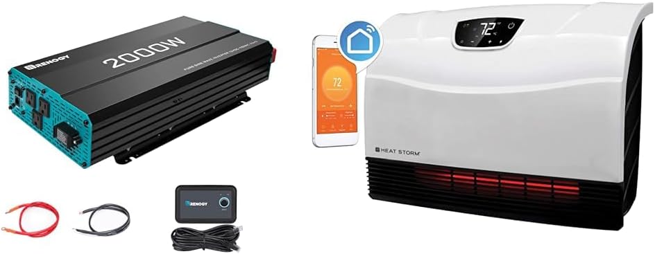 Renogy 2000W Pure Sine Wave Inverter 12V DC to 120V AC Converter for Home & Heat Storm HS-1500-PHX-WIFI Infrared Heater, WiFi Wall Mounted