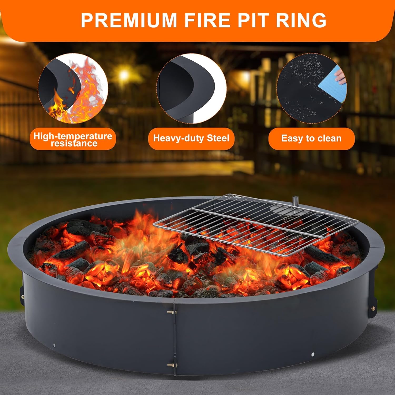 36 inch Fire Pit Ring for Outside, Heavy Duty Metal Steel Round Firepit Rim Insert for DIY Fire Pits, Outdoor Above or In-Ground, Camping Garden Patio Backyard