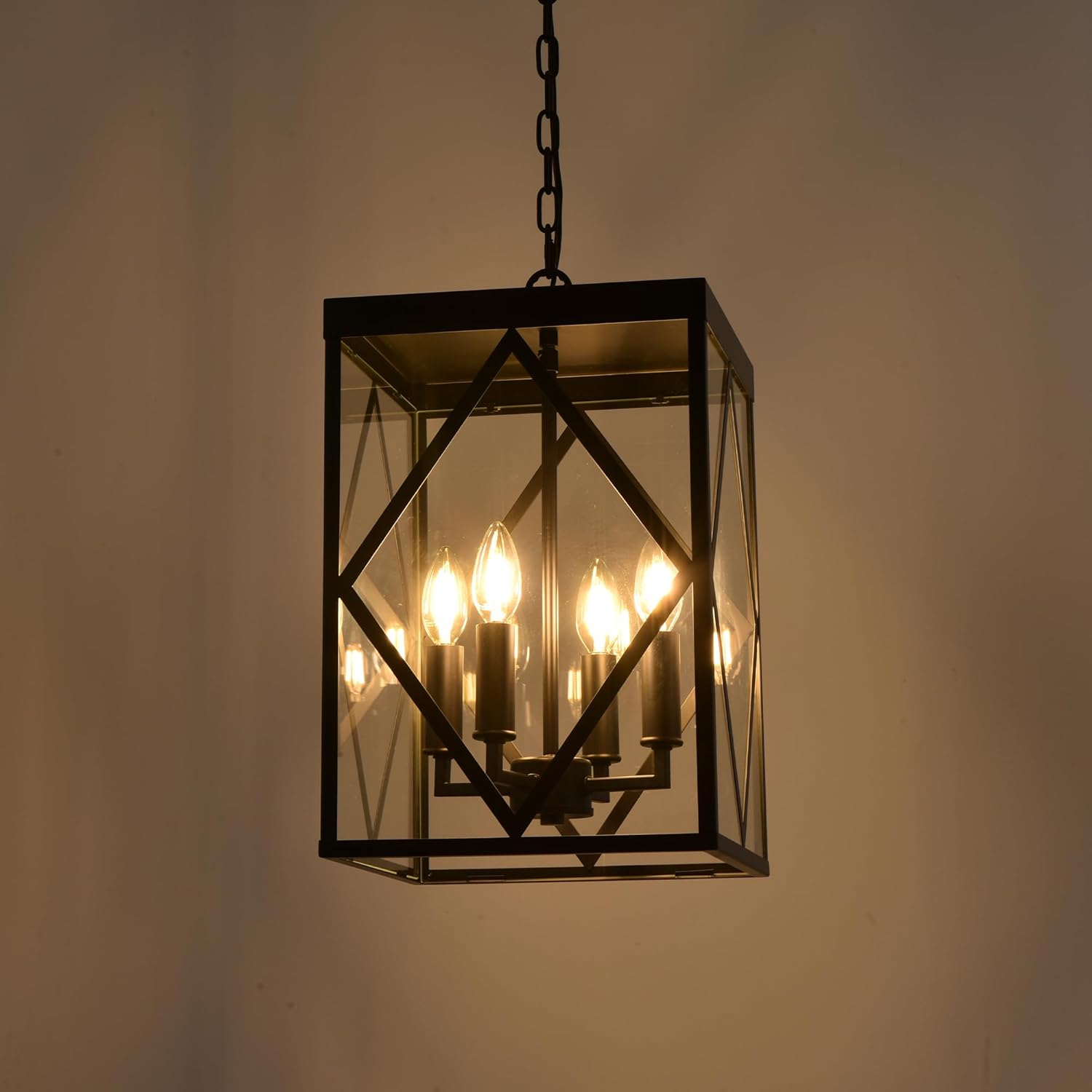 Outdoor Pendant Light 4 Lights Modern Outside Chandelier Outdoor Hanging Lantern Light with Clear Glass, Matte Black Exterior Pendant Lighting Fixture for Porch, Yard, Gazebo