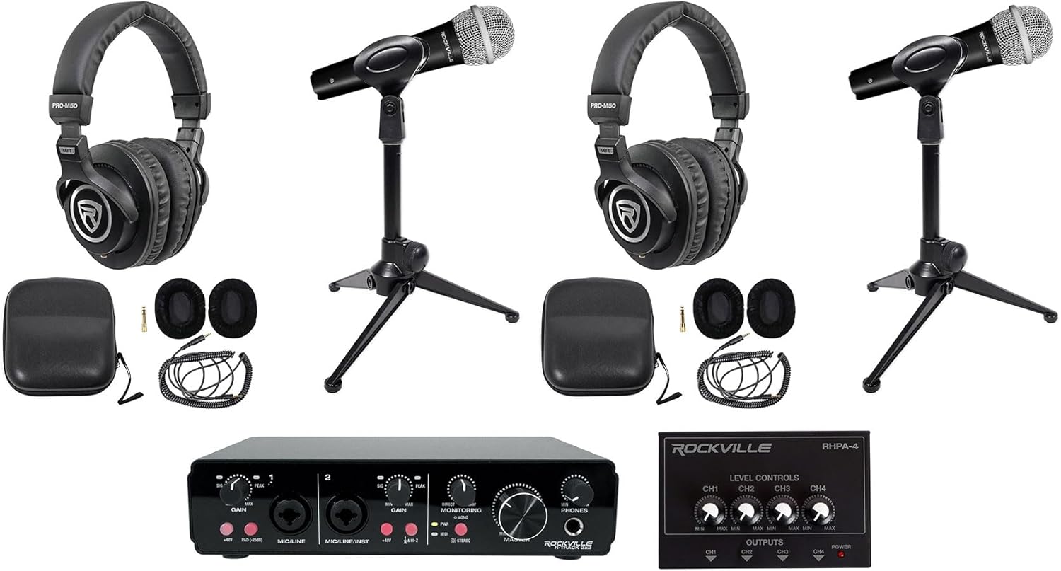 Rockville R-TRACK 2x2 Bundle: USB recording interface 24 Bit 192 kHz, (2) RMC-XLR dynamic handheld wired mic, (2) PRO-M50 headphones, (2) RDTS mic stands, RHPA4 amp, 3 ft TRS cable, 9-items