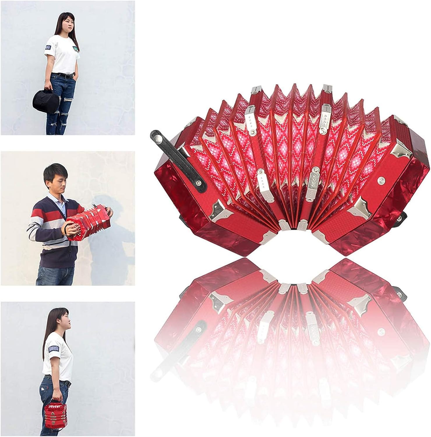 Concertina 20 Buttons 40-Reed Anglo Style Accordion for Adults Professional Accordion for Beginners Adjustable Hand Strap Musical Instrument With Carrying Bag (Red)