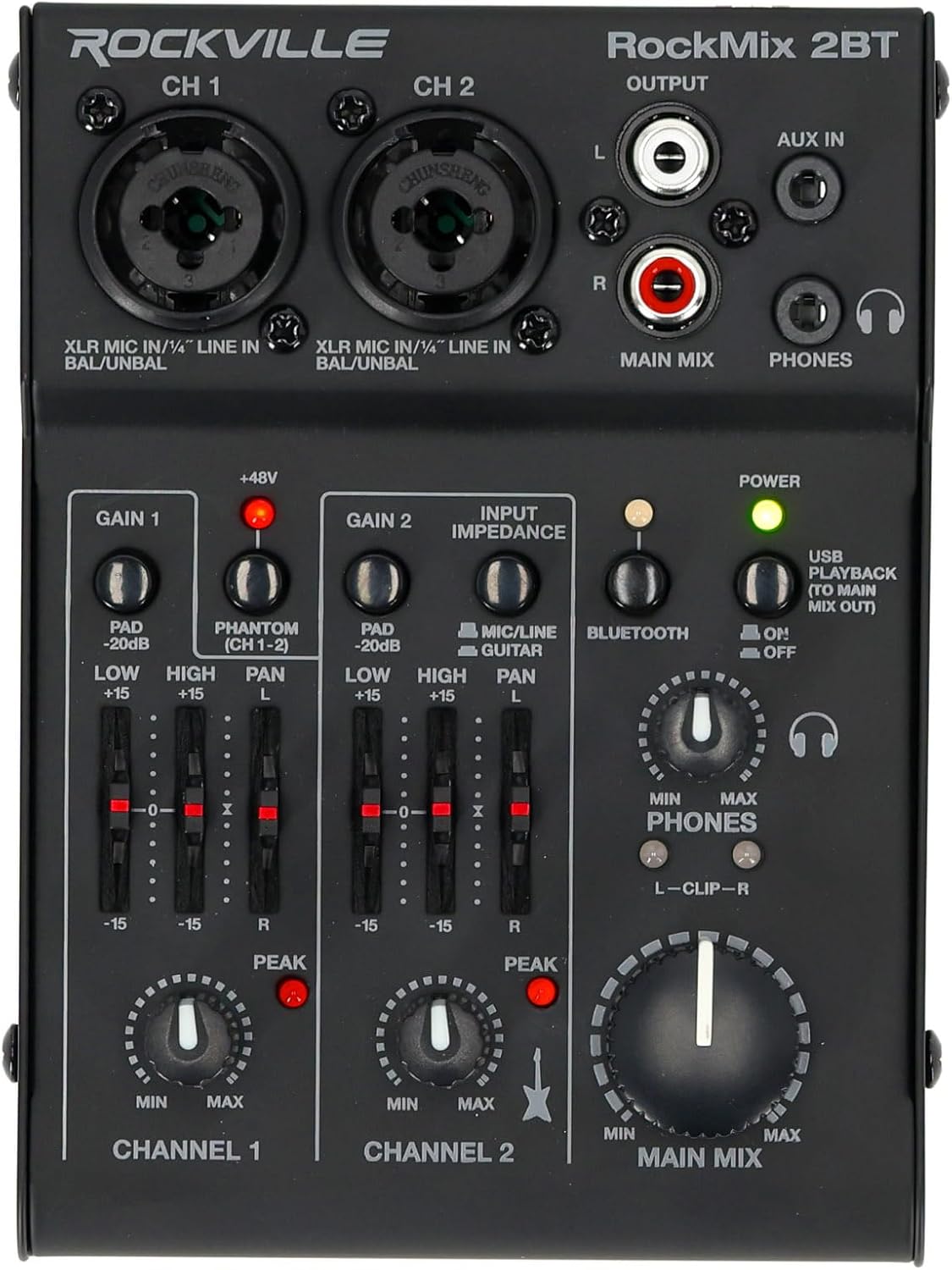 Rockville Bundle: RockMix 2BT Recording Mixer Bundle with (2) RCM03 Mics and (2) PRO-M50 Headphones and RHPA4 Amp & TS1224 Cable and (2) RDTS Stands (9 Items)