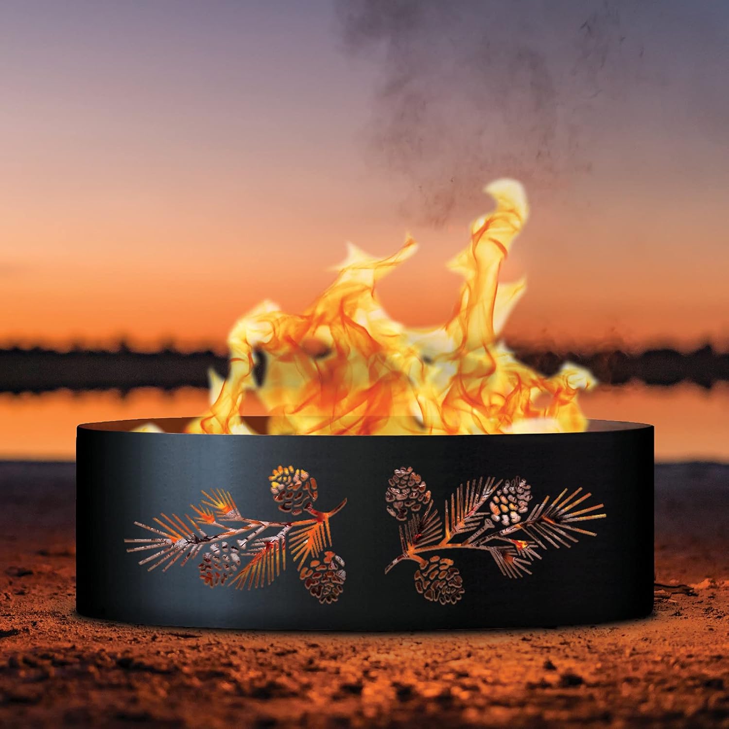 PD Metals PB0930-FP Pine Bough Unpainted 12 in. Tall 30 in. Diameter Outdoor Fire Ring with Fire Poker - 30 x 30 x 12 in. - Rustic Black Color