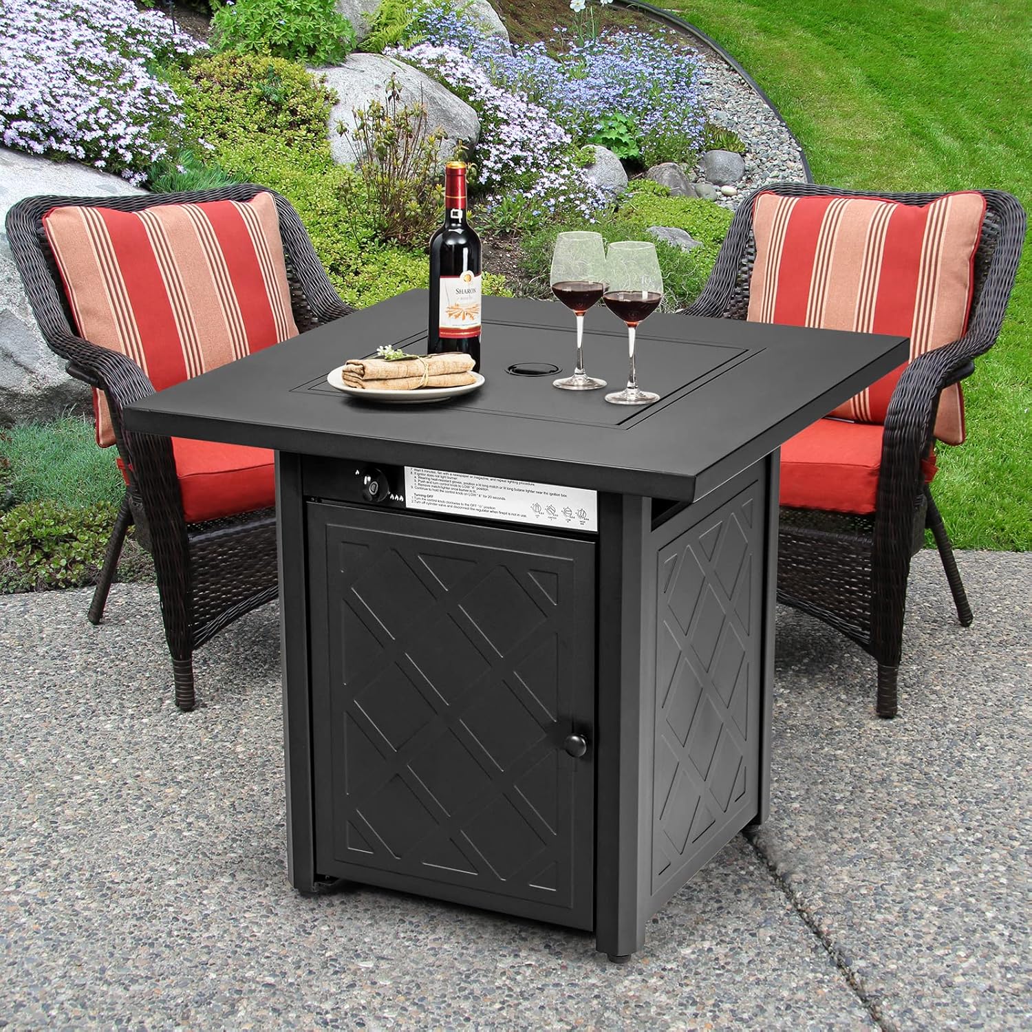 28-Inch Fire Table Outdoor, 50,000 BTU Gas Fire Pit Table with Metal Tabletop, Lid, Lava Rock, Electric Igniter & Hideaway Tank Holder, Propane Fire Table for Outside, Garden, Party(Black)