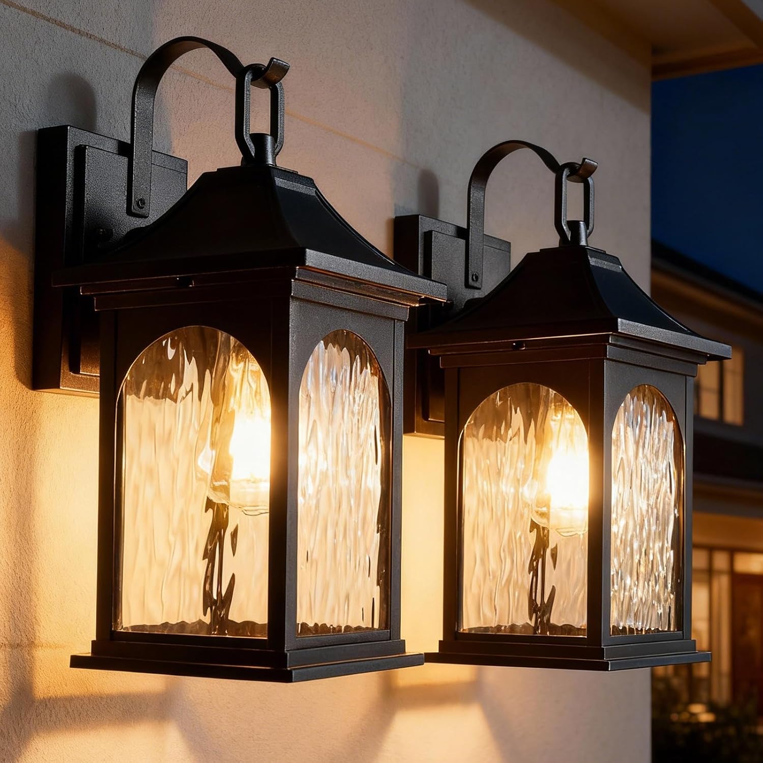 Porch Lights Outdoor Light Fixtures Wall Mount, 13.78 Inch Black Exterior Light Fixtures with Water Ripple Glass, Modern Outdoor sconces Wall Lighting Fixture for Patio House Garage, 2 Pack