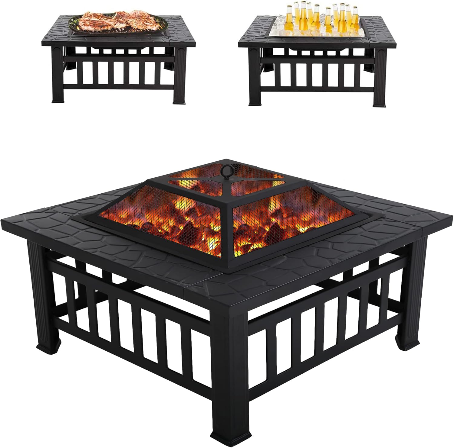 Fire Pit 32in Square Metal Firepit Patio BBQ Fireplace with Charcoal Rack Mesh Cover Poker for Camping Bonfire Picnic Outdoor Heating