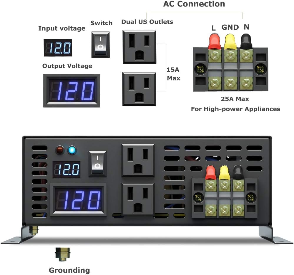 Reliable 3000W High Efficiency Pure Sine Wave Solar Power Inverter 12V 120V 60Hz Power Converter LED Display