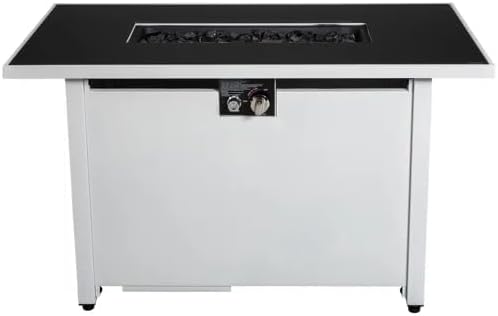 43 Inches Rectangular Fire Pit with Smoked Glass & White Metal Frame – Modern Outdoor Patio Heater for Backyard, Deck (1 Doors)
