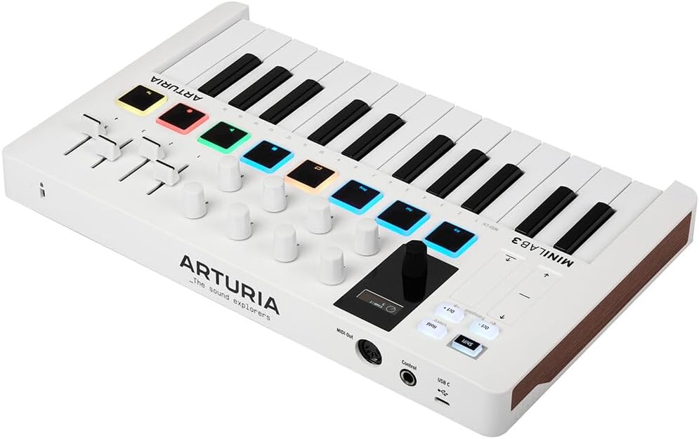 Arturia MiniLab 3 Compact MIDI Keyboard and Pad Controller (White) Bundle with Over-the-Ear Headphones + 6ft MIDI Cable & Cleaning Cloth (4 Items)
