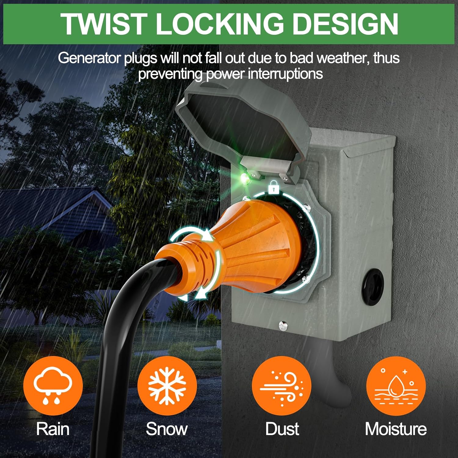 50 Amp Generator Extension Cord 25 Ft- Rated for 250V /12500W+50 Amp Generator Inlet Box with Green Safety Light