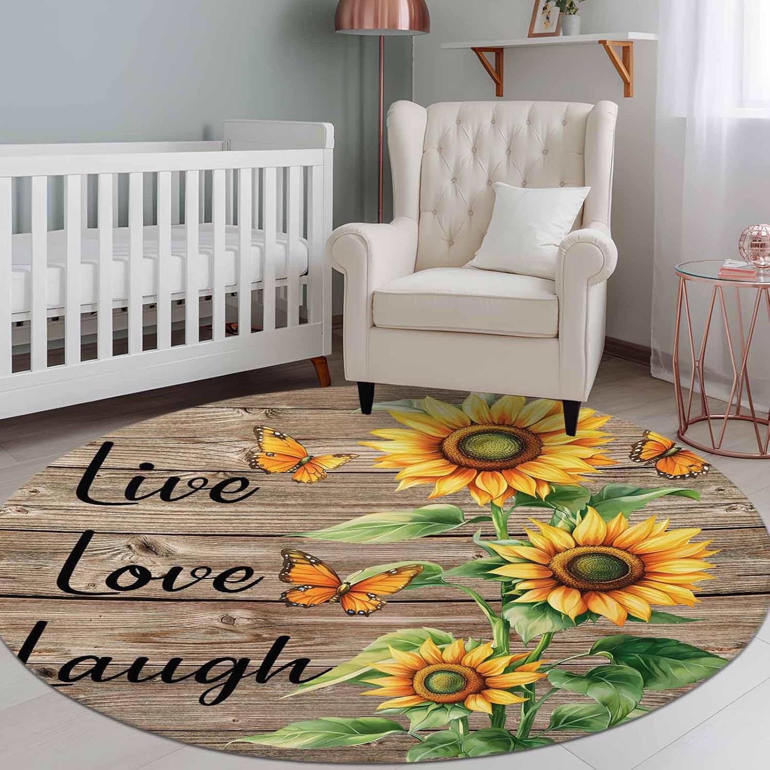 Round Area Rug,8ft Washable Circle Rugs Summer Sunflower Green Leaves Butterfly Soft Non-Slip Carpet Indoor Floor Mat for Home Living Room Bedroom Office,Retro Brown Wood Grain