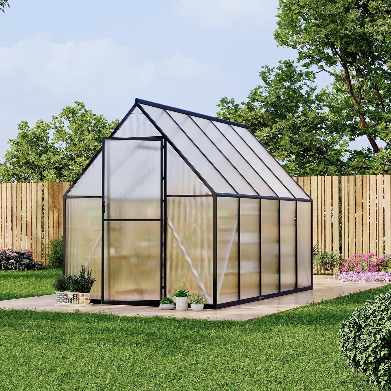 6 x 9 FT Walk-in Outdoor Greenhouse with Polycarbonate Panels, Heavy Duty Aluminum Frame Greenhouse Kit with Lockable Door, Adjustable Roof Vent & Large Interior for Garden Planting, Black