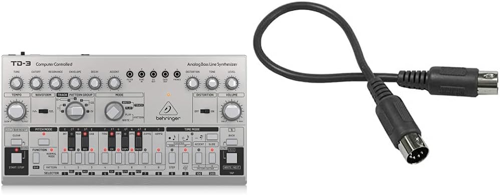 Behringer TD-3-SR Analog Bass Line Synthesizer - Silver and Hosa MID-305BK 5-Pin DIN to 5-Pin DIN MIDI Cable, 5 Feet Bundle